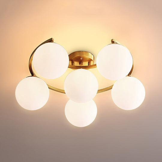 Modern Brass Milk Glass Flush Light With Crescent Canopy - 3/6 Head Close To Ceiling Lamp