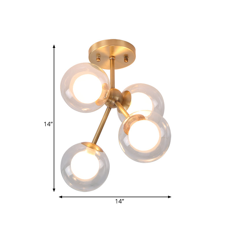 Postmodern Glass Ceiling Light Fixture: Brass 4 - Light Semi - Flush Mount For Bedrooms