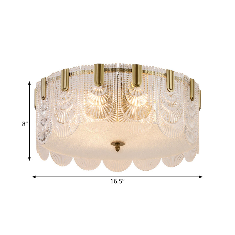 Modern Textured Glass Scalloped Ceiling Lamp With 6 Bulbs Brass Finish - Flush Mount Recessed