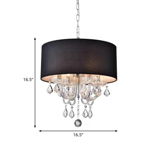 Modern Black Fabric Drum Chandelier With Crystal Ball Accent - Ceiling Light