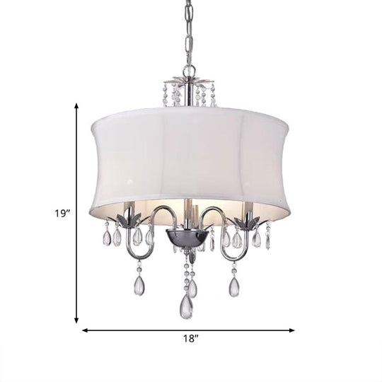 Contemporary White Round Chandelier With Crystal Drops - 3-Head Living Room Pendant Lamp