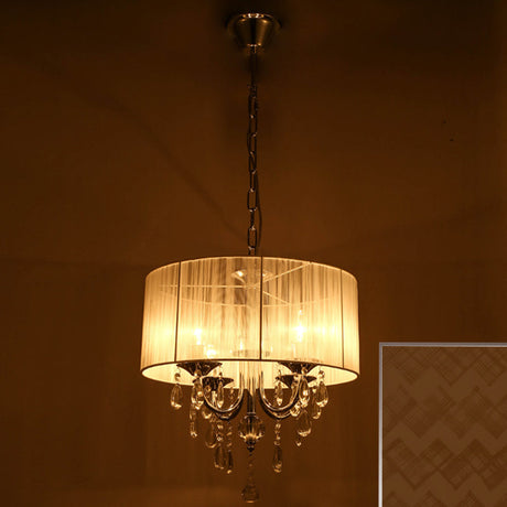 Simple Style Drum Living Room Chandelier With Crystal Drops - 4-Light Chrome Pendant Light Fixture