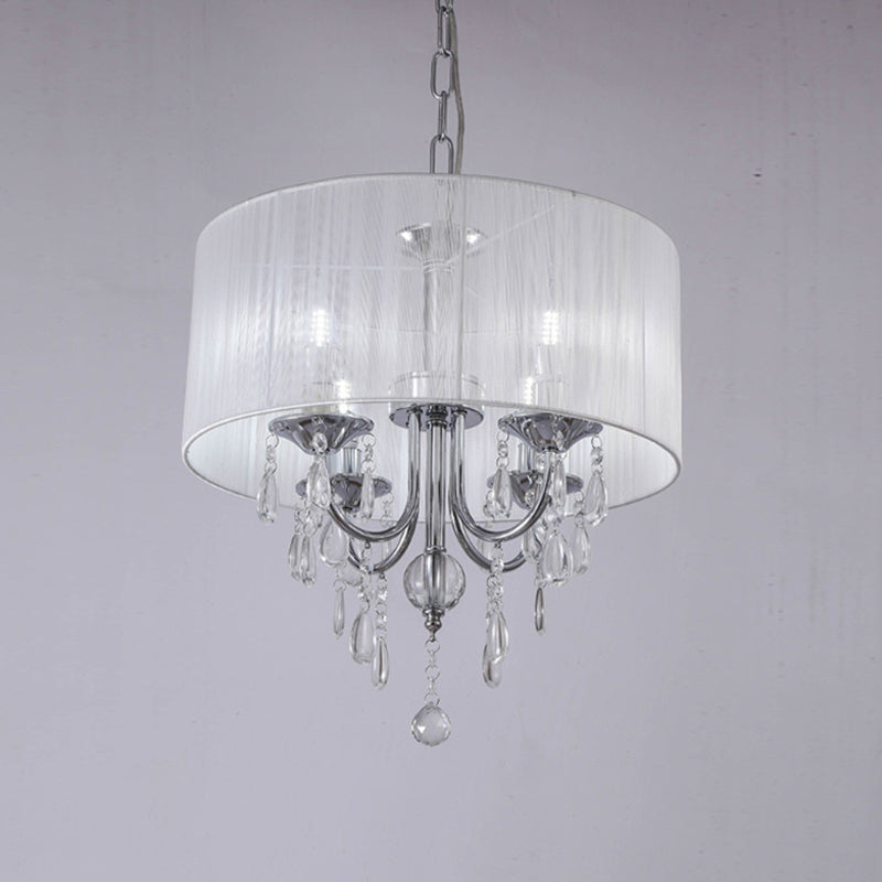 Simple Style Living Room Chandelier With Drum Fabric Shade 4-Light Chrome Pendant Light Kit And