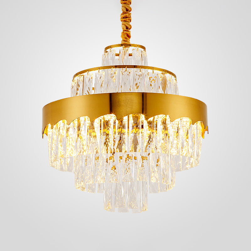 Modern Gold Tiered Crystal Chandelier 9/12 Lights Round Pendant Lighting For Dining Room