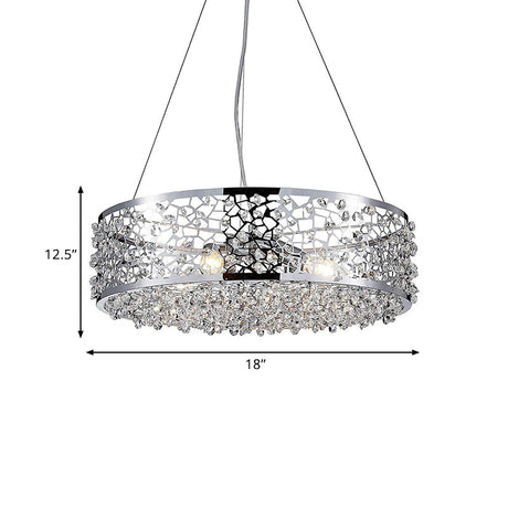 Chrome Drum Pendant Chandelier With Crystal Encrusted Modern Design - 4 Lights