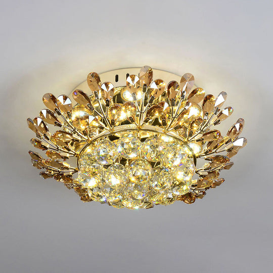 Contemporary Gold Ceiling Lamp With Led Branch Design - Cognac And Clear Crystal Flush Mount For