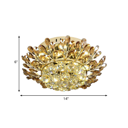 Contemporary Gold Ceiling Lamp With Led Branch Design - Cognac And Clear Crystal Flush Mount For