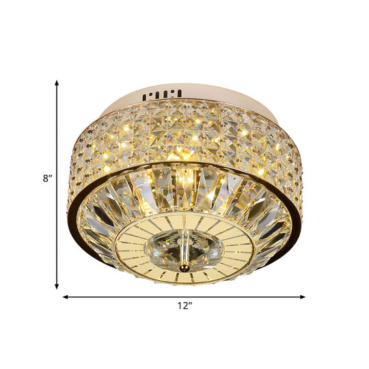 12’/16’ Wide Led Crystal Flush Light Fixture In Gold For Modern Bedroom Ceiling Mount