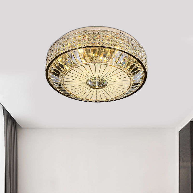 12’/16’ Wide Led Crystal Flush Light Fixture In Gold For Modern Bedroom Ceiling Mount