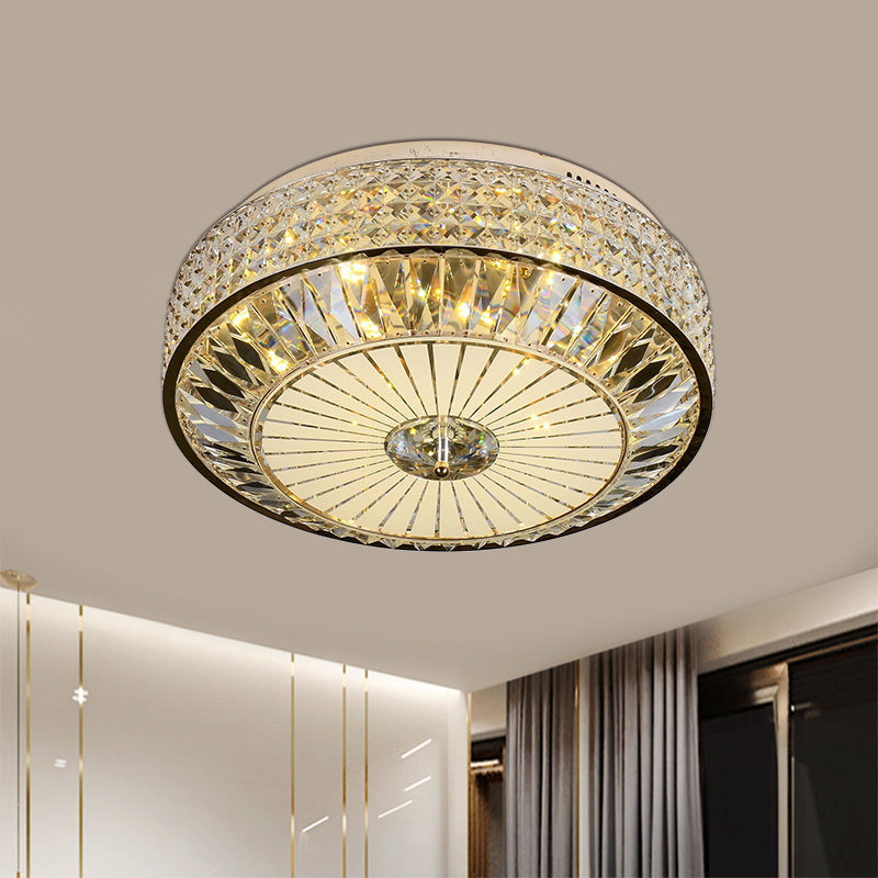 12’/16’ Wide Led Crystal Flush Light Fixture In Gold For Modern Bedroom Ceiling Mount