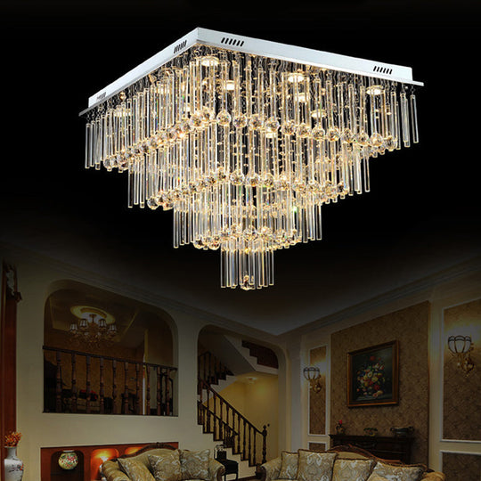 Simple Style Crystal Ceiling Mount Light - 12 Bulbs Flushmount Lighting Tiered Square Flute Design