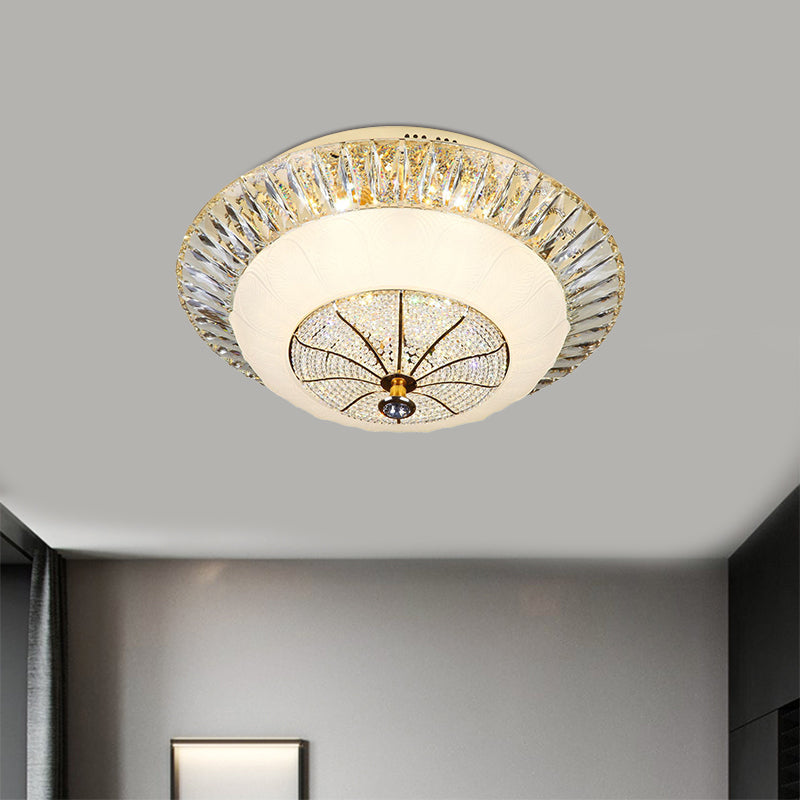 Contemporary Crystal Ceiling Light With White Bowl Shade - Led Flush Mount For Bedroom (16/19.5