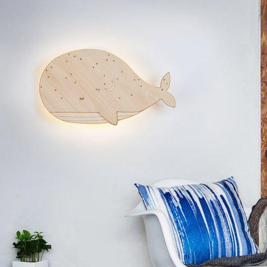 Sleeping Whale Led Flush Mount Light Fixture For Kindergarten Beige Wood Cartoon Design (Left/Right)