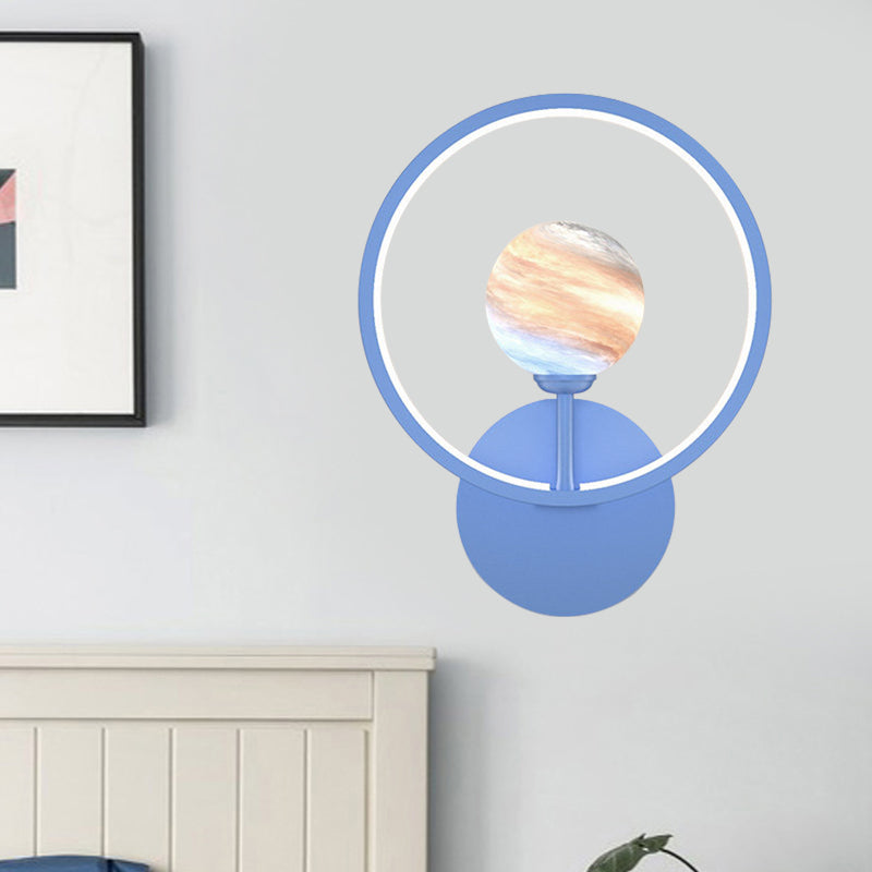 Modern Led Glass Globe Wall Sconce With Ring Guard - Black/Pink/White Gradient Blue