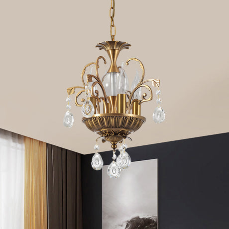 Vintage 4-Head Crystal Chandelier With Brass Swirl Arm - Corridor Pendant Lighting