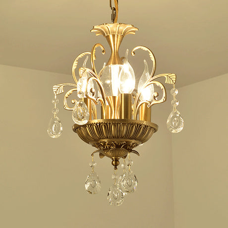 Vintage 4-Head Crystal Chandelier With Brass Swirl Arm - Corridor Pendant Lighting