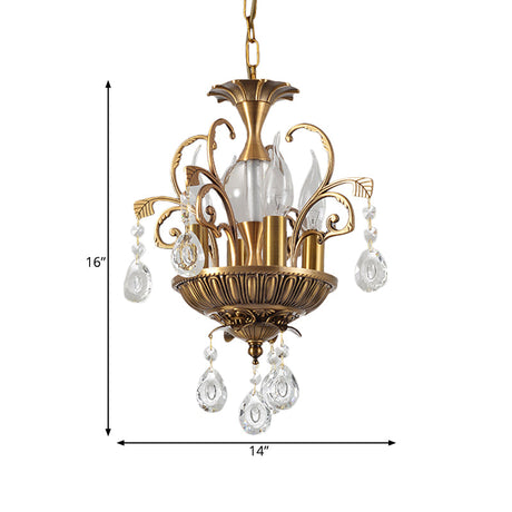 Vintage 4-Head Crystal Chandelier With Brass Swirl Arm - Corridor Pendant Lighting