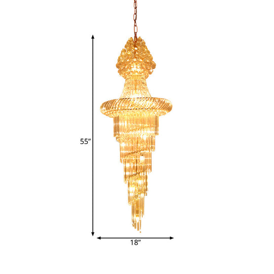Modern Crystal Hall Chandelier - Layered Cone Design With 14 Gold Pendant Lights