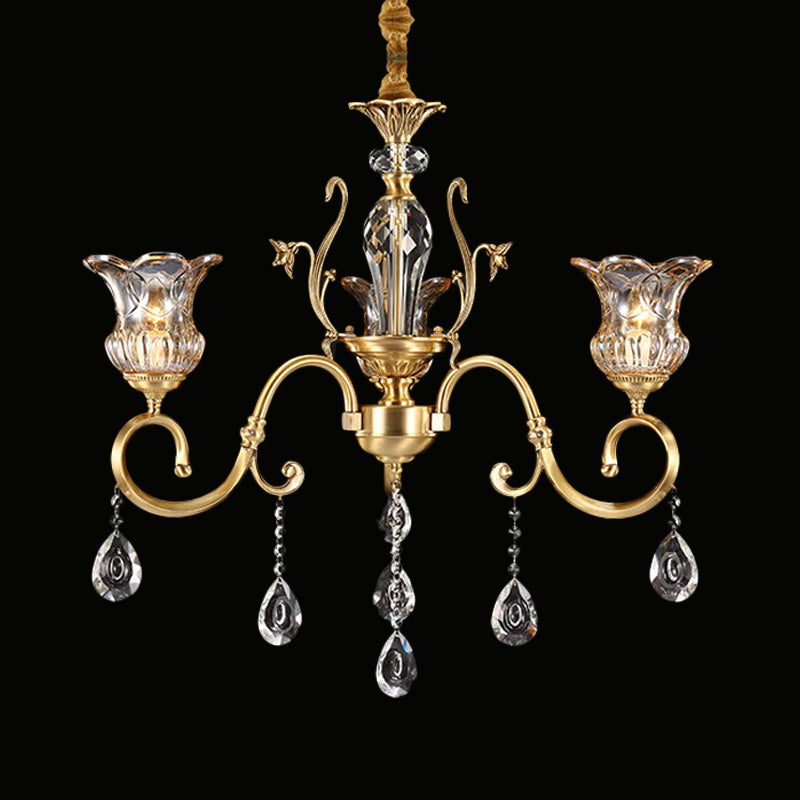 Vintage Brass Bellflower Hanging Chandelier With Clear Glass 3 Bulbs Scroll Arm And Crystal Drops
