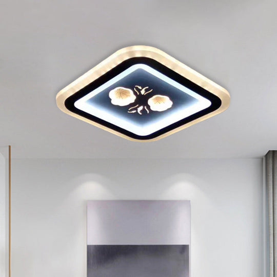Modern Led Flush Mount Fixture: Black Square/Round Acrylic Lamp With Flower Pattern - Ideal For