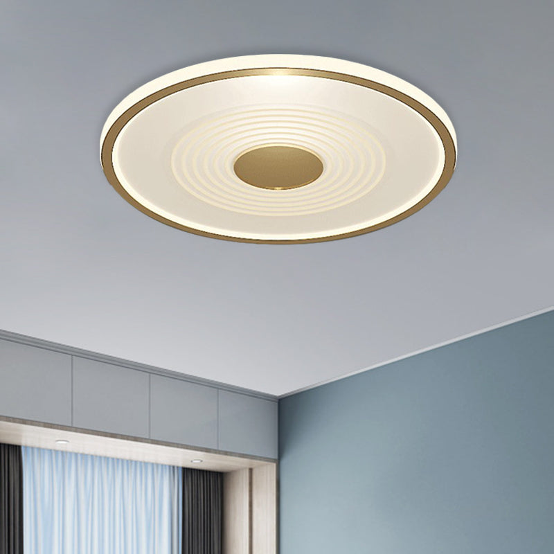 Minimalistic Led Flush Mount Lamp For Bedroom With White - Gold Finish And Acrylic Disc Shade -