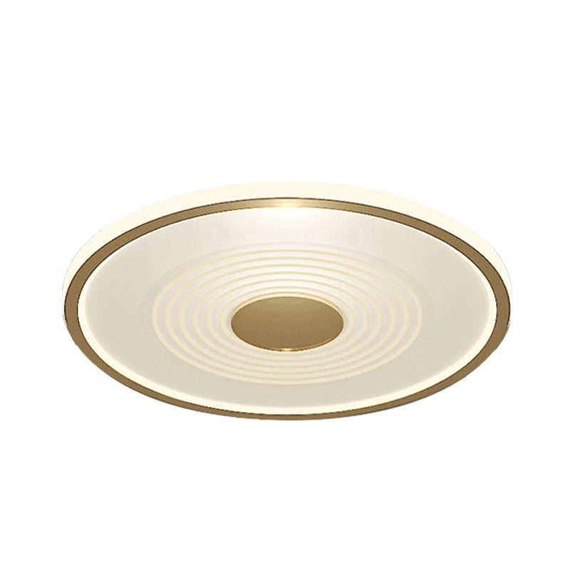 Minimalistic Led Flush Mount Lamp For Bedroom With White-Gold Finish And Acrylic Disc Shade - Warm