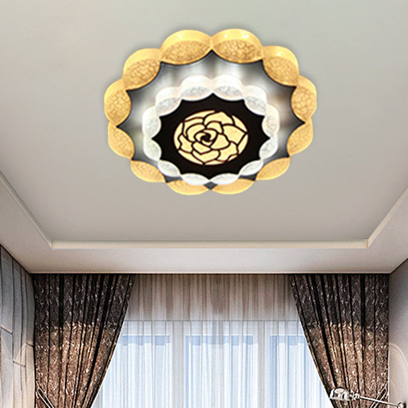 Contemporary Floral Flush Mount Led Lamp With Acrylic White - Black Finish And Rose Pattern White