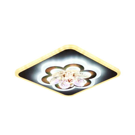 Modern White Led Flush Light With Crystal Accent - Contemporary Floral Design