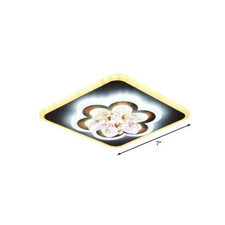 Modern White Led Flush Light With Crystal Accent - Contemporary Floral Design