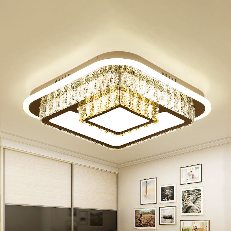 Crystal - Encrusted Led Flushmount Ceiling Light For Bedroom - Modernist White Square And
