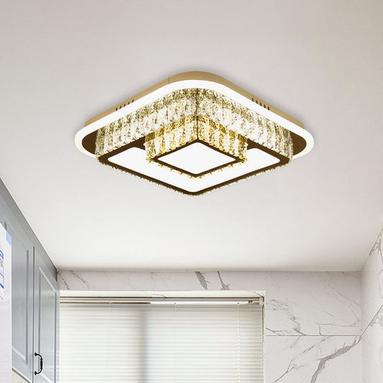 Crystal-Encrusted Led Flushmount Ceiling Light For Bedroom - Modernist White Square And