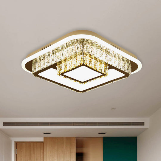 Crystal-Encrusted Led Flushmount Ceiling Light For Bedroom - Modernist White Square And
