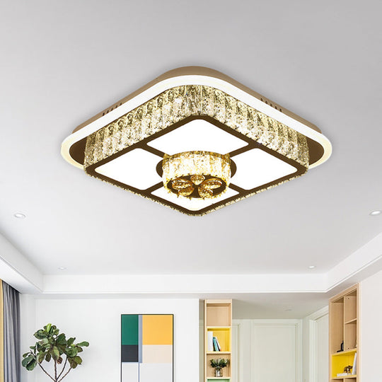 Crystal-Encrusted Led Flushmount Ceiling Light For Bedroom - Modernist White Square And