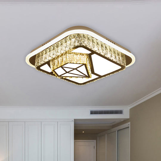 Crystal-Encrusted Led Flushmount Ceiling Light For Bedroom - Modernist White Square And