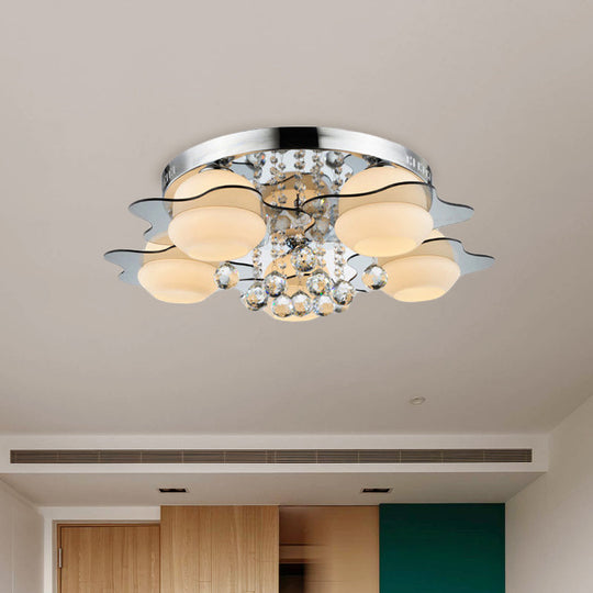 Modern Chrome Floral Flushmount Ceiling Light With Crystal Ball Drop - White Glass 3/5-Head Ideal