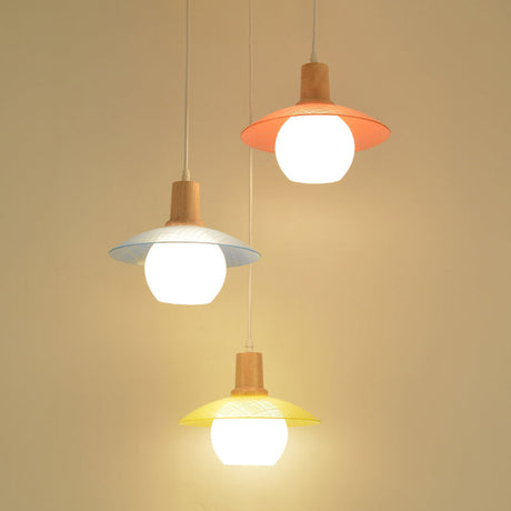 Macaron Disk Multi Pendant Light: Blue-Pink-Yellow Stained Glass 3-Bulb Drop Lamp With Wood Top