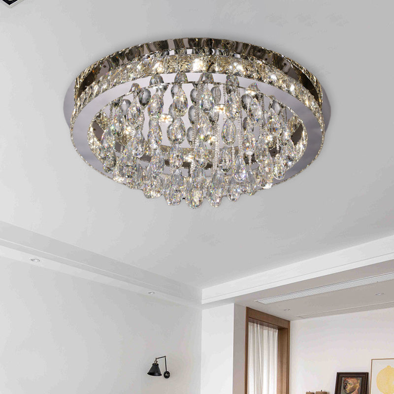 Modernist Nickel Led Ceiling Flush Light With Crystal-Encrusted Beveled Cut Circles And Drops