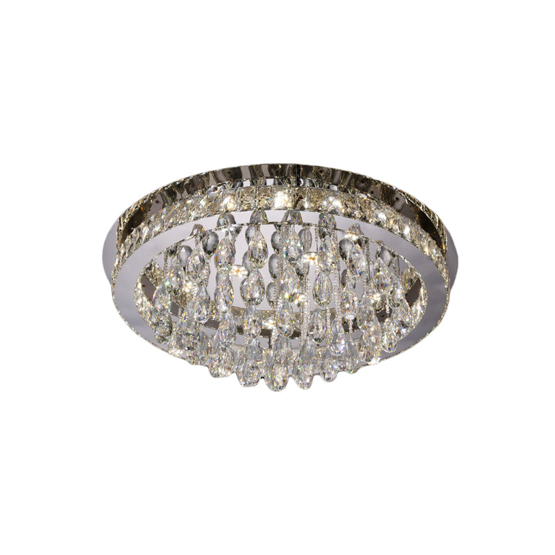 Modernist Nickel Led Ceiling Flush Light With Crystal-Encrusted Beveled Cut Circles And Drops