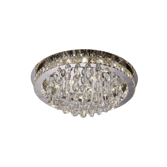 Modernist Nickel Led Ceiling Flush Light With Crystal-Encrusted Beveled Cut Circles And Drops