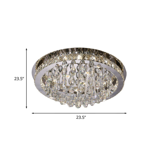 Modernist Nickel Led Ceiling Flush Light With Crystal-Encrusted Beveled Cut Circles And Drops