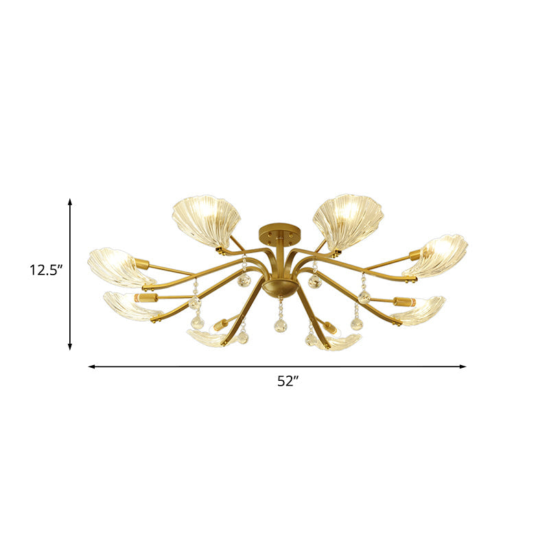 Gold Scalloped Shell Semi Flush Mount Crystal Chandelier - Countryside Parlor Ceiling Light