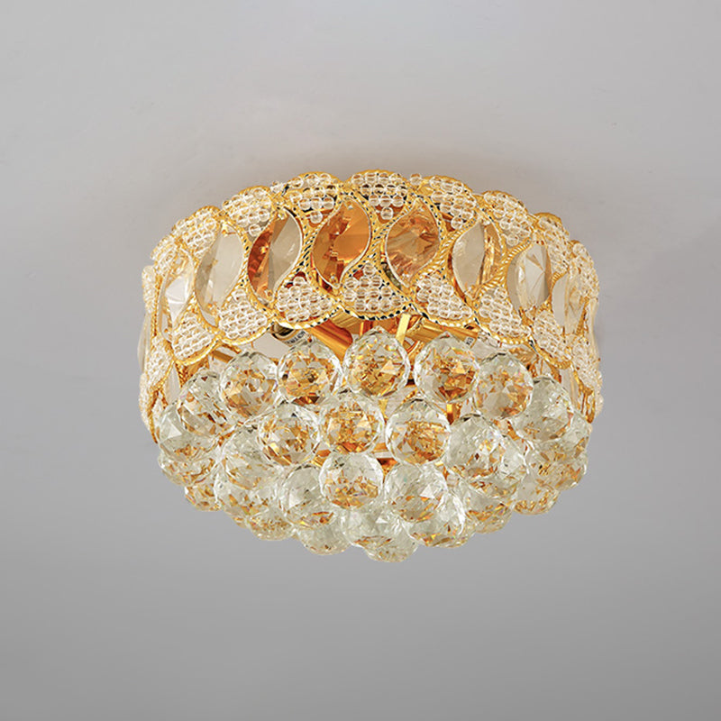 Rustic Gold Drum Shade Crystal Orb Flush Mount Lamp: 3 - Head Bedroom Ceiling Light Fixture
