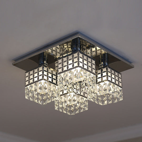 Contemporary Crystal Ceiling Fixture: Silver Square Semi - Flush Mount With 8 Clear Heads