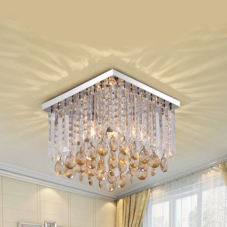Modern Chrome Crystal Drop Bedroom Ceiling Light - Square Mount 8/12 Wide / 12
