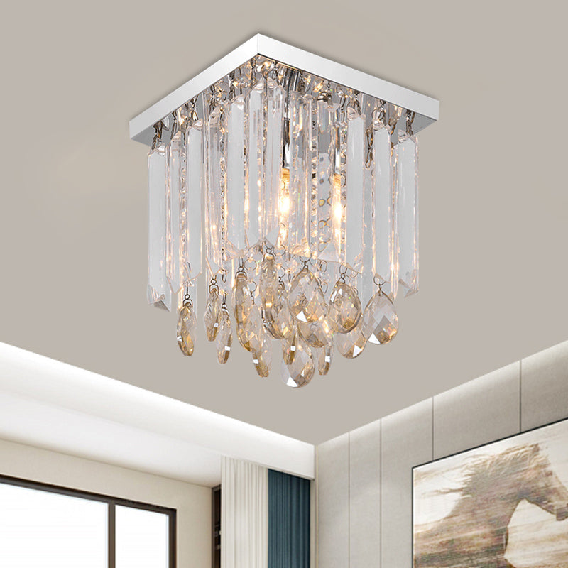 Modern Chrome Crystal Drop Bedroom Ceiling Light - Square Mount 8/12 Wide