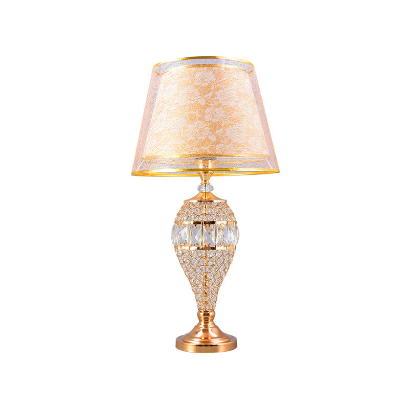 Traditional Crystal Teardrop Table Lamp With Patterned Fabric Shade - Gold Finish