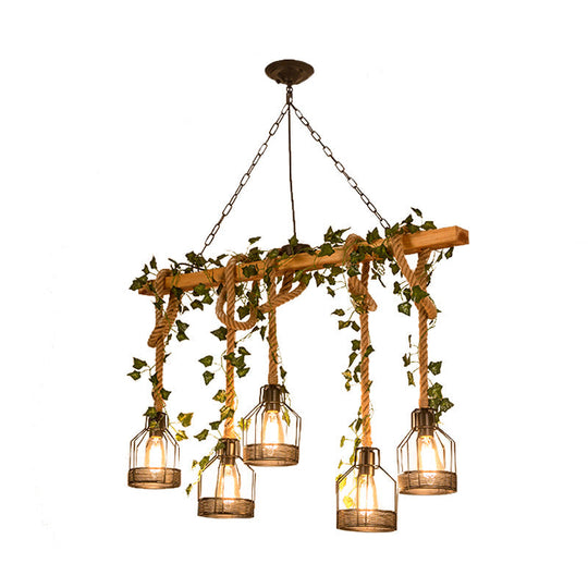 Industrial Metal Caged Island Pendant Light With Rope Hanging Lamp - Brown