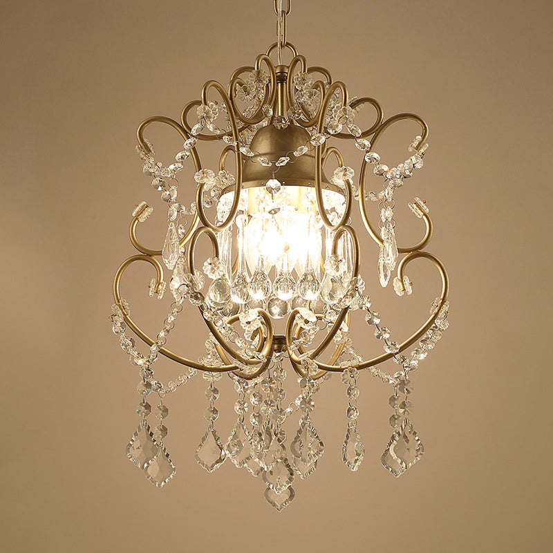 Gold Modernist Scroll Pendant Chandelier With Crystal Swag - 3 Heads Hanging Ceiling Light