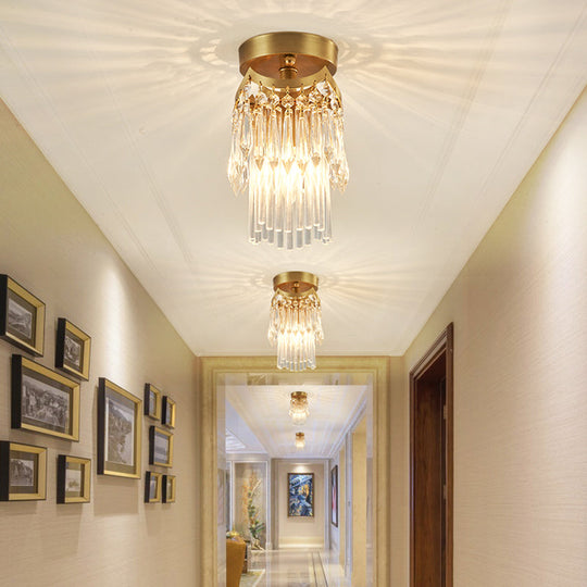 Modern Brass Finish Crystal Drip Semi - Flush Ceiling Lamp Fixture