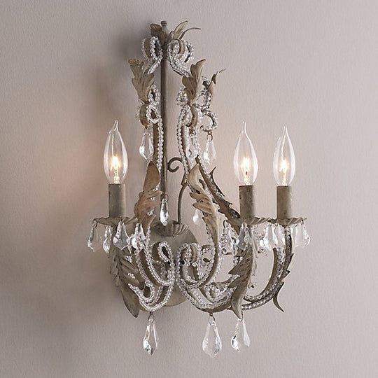 Rustic White/Grey Crystal Bead Wall Sconce With Candlestick - Indoor Lamp Fixture